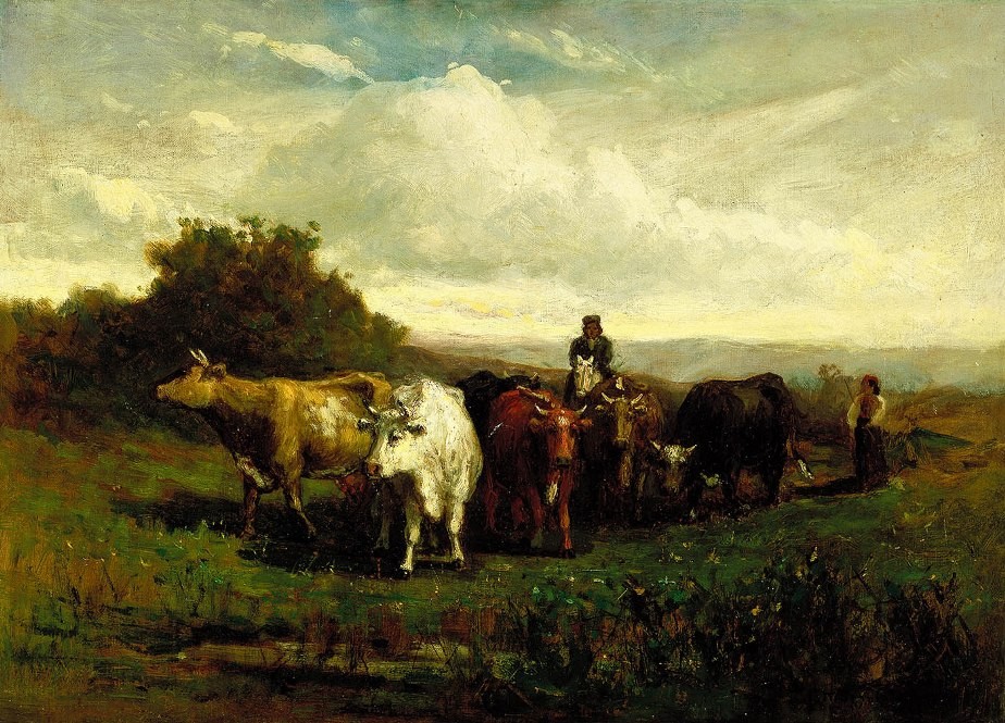 Edward Mitchell Bannister man on horseback, woman on foot driving cattle